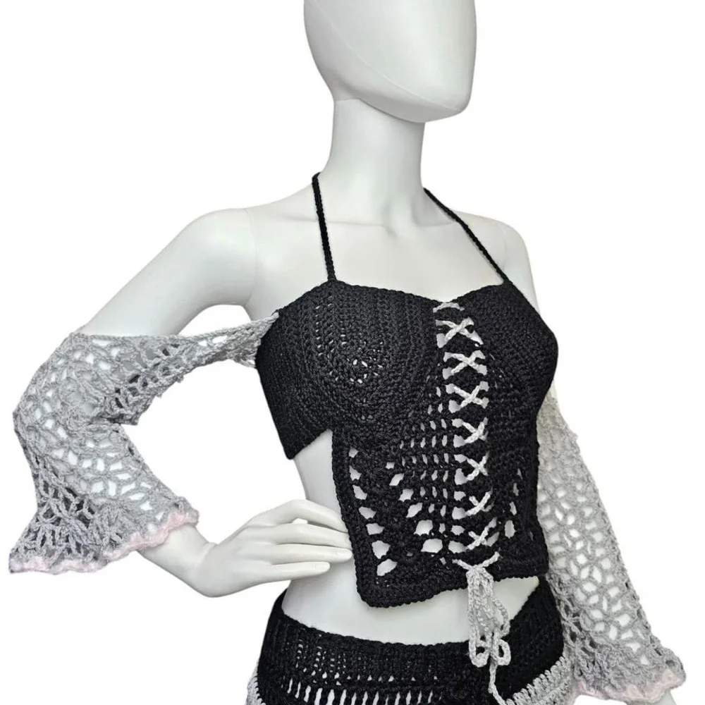 Handmade Crochet Corset Top with‎ Flared Sleeves – Black & Grey Coquette Style